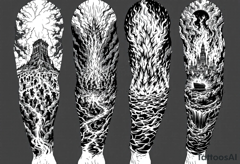 in order.
1. A crumbling tower struck by lightning, with people scattering in chaos.
2. Fire raining down from heaven on a burning city, with smoke rising.
3. A blazing altar with fire falling from heaven
 4. Floodwaters overtaking the earth, with an ark in the distance. tattoo idea