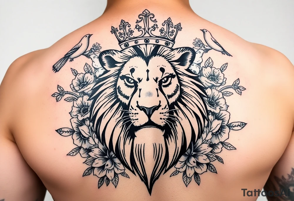 powerful majestic lion with a crown, surrounded by floral ornaments and birds tattoo idea