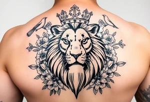 powerful majestic lion with a crown, surrounded by floral ornaments and birds tattoo idea