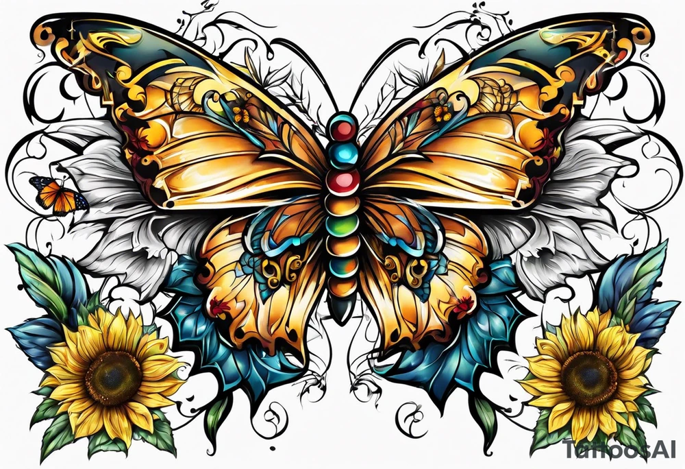 Winged cross with sunflower and butterflies tattoo idea