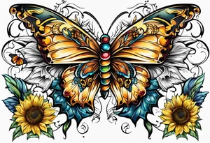 Winged cross with sunflower and butterflies tattoo idea