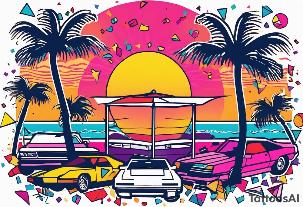 1980's miami vice style beach dance 
party, include confetti, music notes, boom box, bikinis sunset in the center tattoo idea