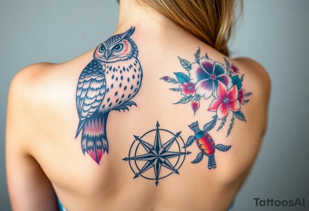Full back owl on left shoulder flowers on right 3 turtles down spine use antique compass rose overlaid everywhere else tattoo idea