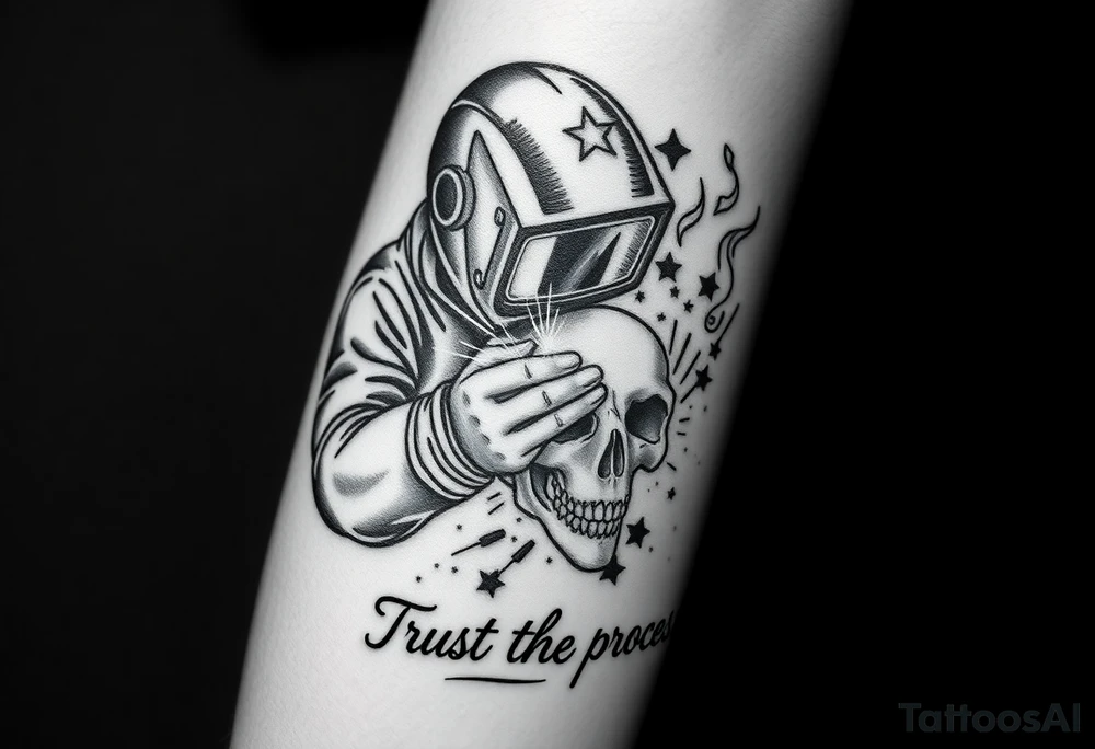 Create a tattoo, in black and white, of a welder, wearing a welder's helmet with stars on it. from only the arms up, welding on a skull Include sparks, and subtle smoke throughout the background as well as the quote, trust the process, at the bottom where the arm meets the wrist. This needs to be sized for a forearm, add shading in the background in the form of smoke tattoo idea