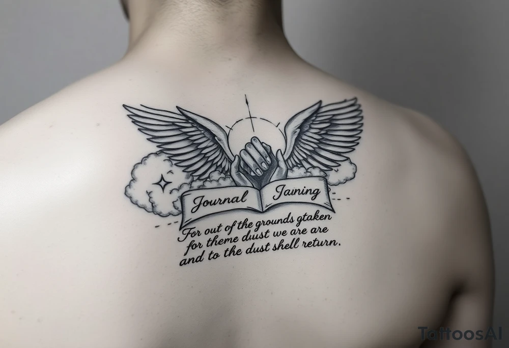 A black and white tattoo that will be placed in the forearm, the tattoo is based on biblical images such as clouds, angels, wings, gods hands, wisdom, glory and a journal pages style with a text reading “For out of the ground we were taken for the dust we are and to the dust we shall return” tattoo idea