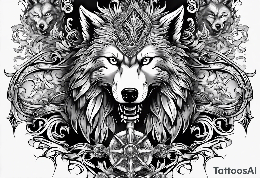 Create a vision of arm tattoo sleeve with combination of sword, crown, tree and three wolves to represent clients family roots tattoo idea