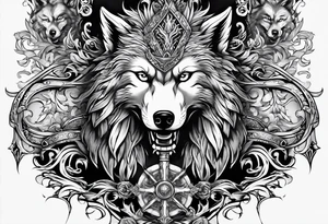 Create a vision of arm tattoo sleeve with combination of sword, crown, tree and three wolves to represent clients family roots tattoo idea