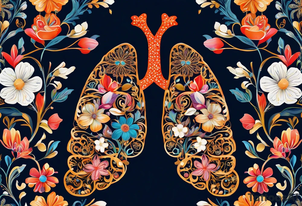 intricate and artistic arrangement of flowers and ornamental patterns that come together to form the shape of human lungs. The design should have a balance of delicacy and detail, with vibrant floral elements seamlessly intertwining to mimic the structure of the lungs, including the bronchi branching into floral motifs. Incorporate subtle shading and depth to give the tattoo a dynamic and organic feel, while maintaining elegance and symmetry tattoo idea