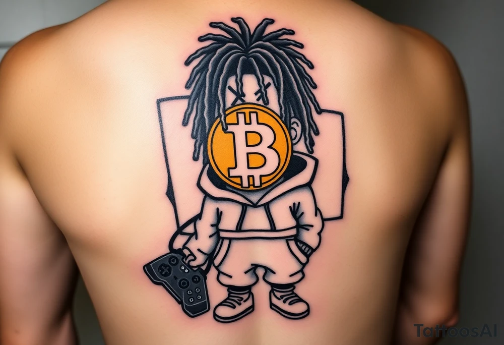 Create a tattoo stencil Use a street-art / pop-art vibe with a cartoon figure with dreadlocs holding a bitcoin to cover his eyes have bold lines, “x” for eyes. make them have on a hoodie and jogger sweatpants have in the background in graffiti letters “Jaruso”.  Can you add PlayStation controls in the background tattoo idea