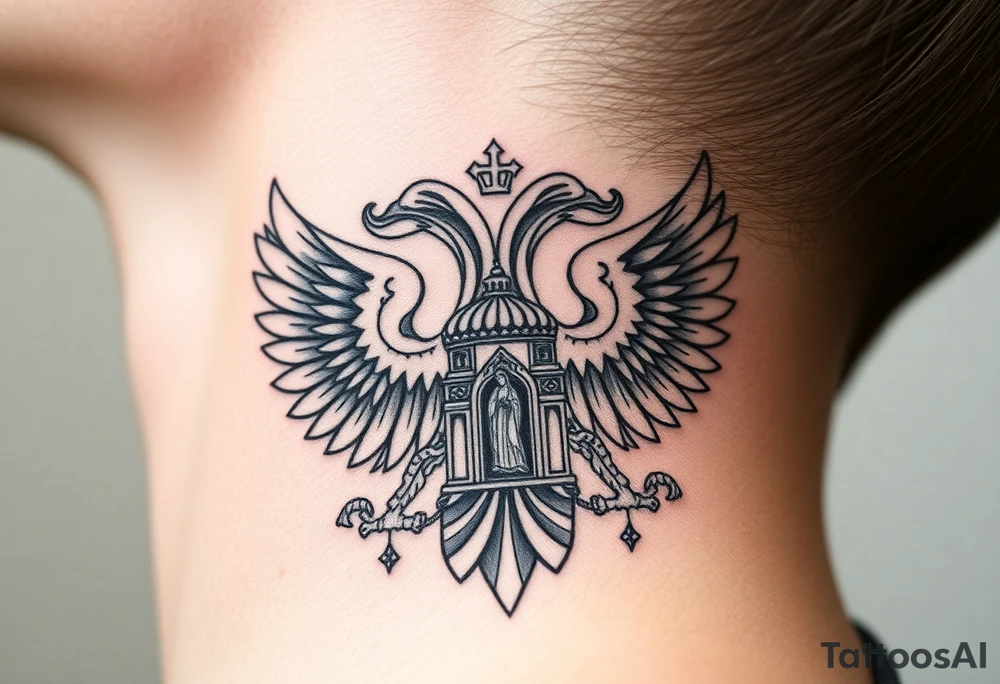 russian coat of arms double headed eagle traditional christian orthodox cross with a virgin mary stood in the entrance of a russian orthodox dome church on the side of the neck in a wilderness setting tattoo idea