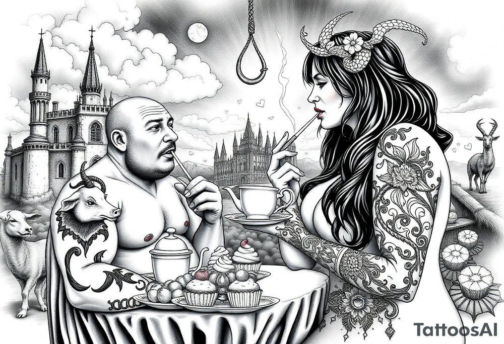 Naked Man and fat woman having sex eating cupcakes and  fruit  having sexy naked fat lady having a tea party with tea pots  with medieval castle  
with mystical  aries a pigs, peacock,  lion, goat, noose and smoking cigerettes looking in the mirror thru storm clouds and broken hearts and darkness and wrath, envy , gluttony, greed, sloth, pride . Gothic tattoo idea