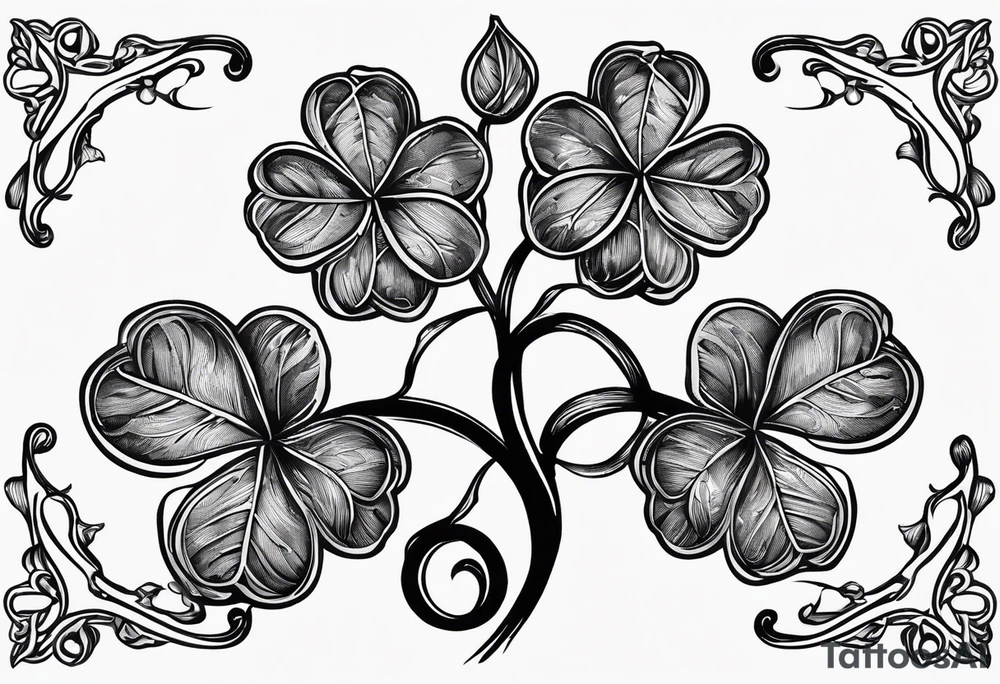 fine line three leaf clover with vine, and the initial G in one leaf, T in another leaf, and a combined JK in the middle leaf tattoo idea