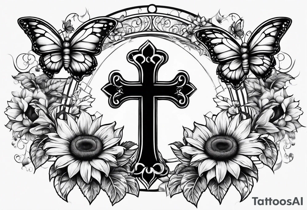 Winged cross with sunflower flowers and butterflies calf sleeve tattoo idea
