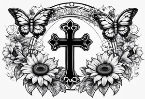 Winged cross with sunflower flowers and butterflies calf sleeve tattoo idea