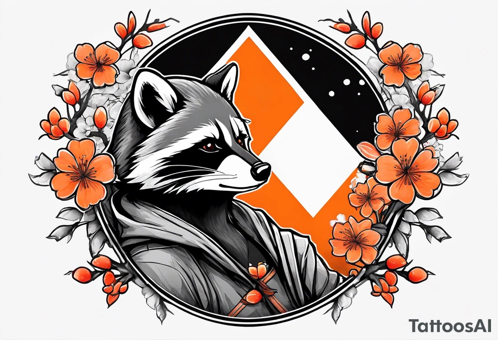 Raccoon wearing a white Superman logo on a black hoodie and orange Japanese cherry blossoms beside tattoo idea
