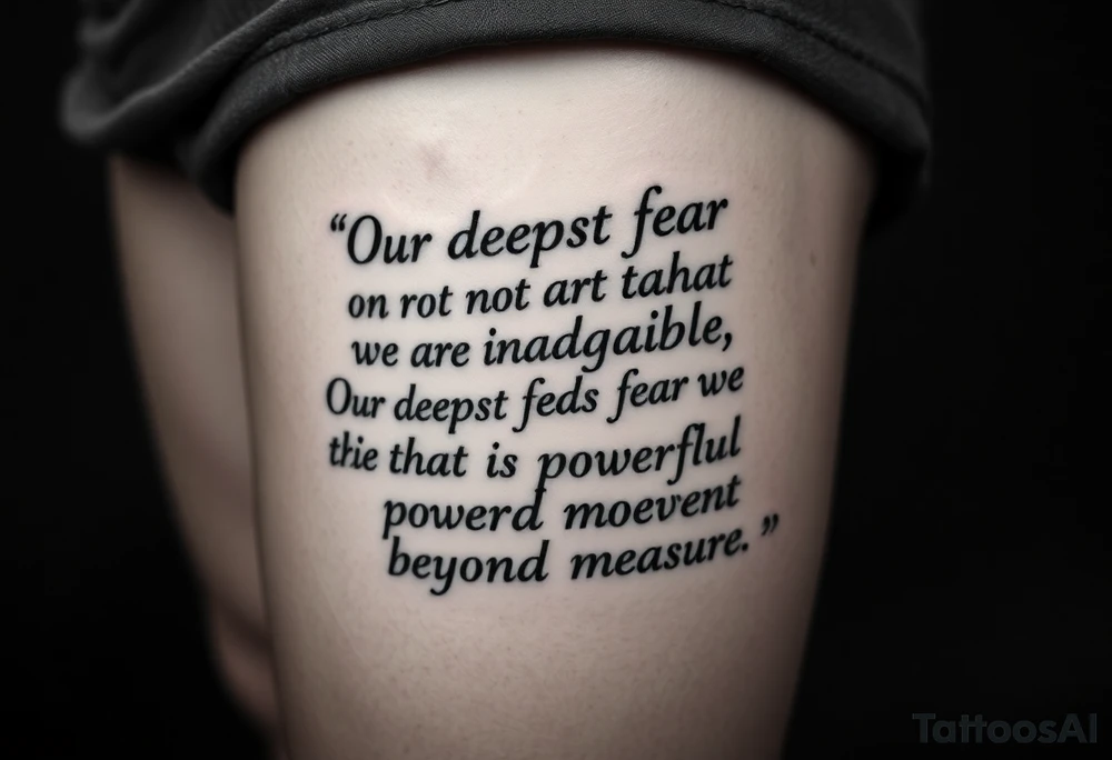 the quote is “ Our deepest fear is not that we are inadequate, Our deepest fear is that we are powerful beyond measure” intertwined with meaningful basketball jerseys or events tattoo idea