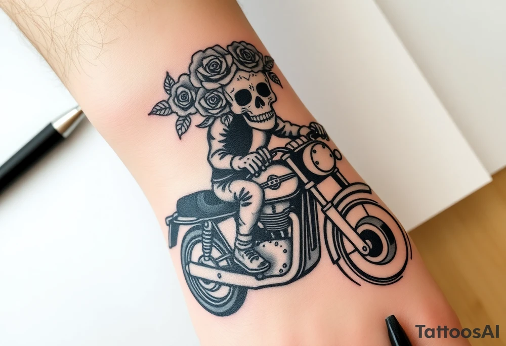 create an decorated "day of the dead skull" with roses who is riding a Triumph motorcycle tattoo idea