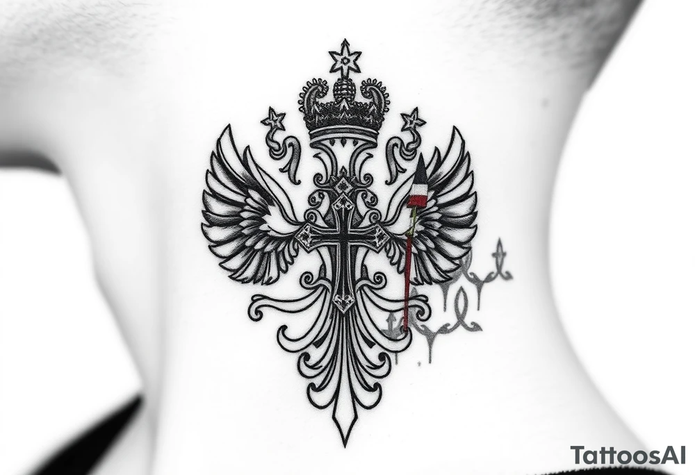 russian coat arms in a russian christian orthodox cross with the cross in the middle with a virgin mary & orthodox dome church on the side of the neck tattoo idea