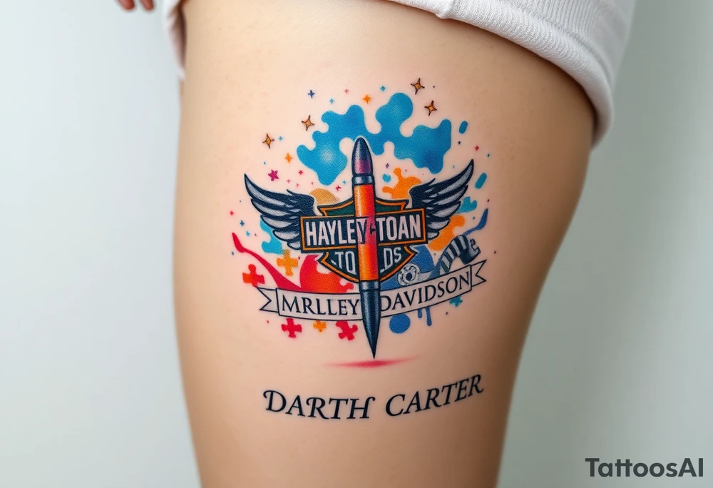 colorful futuristic memory tattoo for passed boyfriend;, star wars, Harley Davidson, skateboarding, puzzle pieces, video games, heaven, god, outdoors, 9mm bullet, words MEMENTO MORI & DARTH CARTER tattoo idea