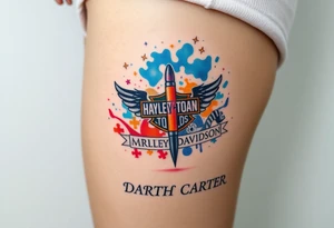 colorful futuristic memory tattoo for passed boyfriend;, star wars, Harley Davidson, skateboarding, puzzle pieces, video games, heaven, god, outdoors, 9mm bullet, words MEMENTO MORI & DARTH CARTER tattoo idea