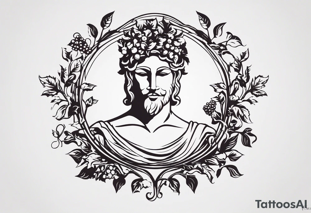 "Design a minimalist tattoo featuring Dionysus, incorporating his connection with both wine and theater. Consider a clean and elegant portrayal of Dionysus holding a theatrical mask in one hand and a goblet of wine in the other, symbolizing his dual domains of revelry and drama. Surround him with subtle elements like grapevines or ivy leaves to further emphasize his association with wine. Ensure the design maintains a minimalist aesthetic while capturing Dionysus's affection for theater, seamlessly blending his attributes in a visually compelling way." tattoo idea