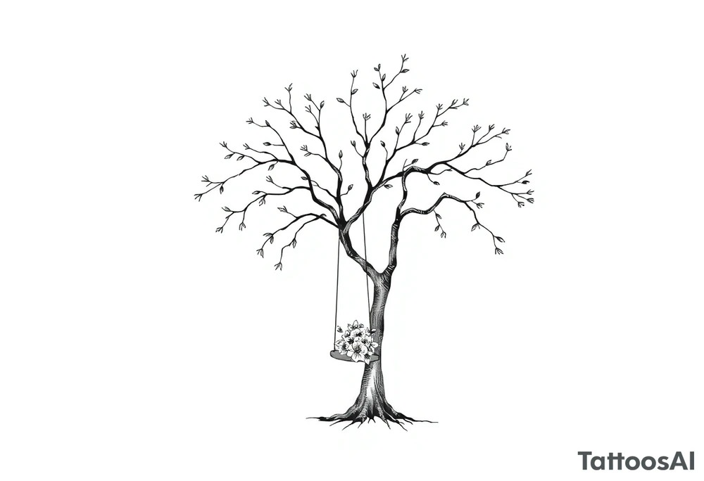 Willow tree with 7 branches with a swing hanging from one with florals tattoo idea