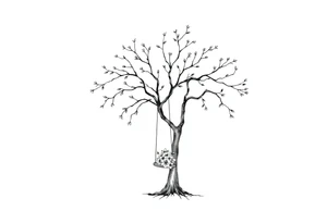 Willow tree with 7 branches with a swing hanging from one with florals tattoo idea