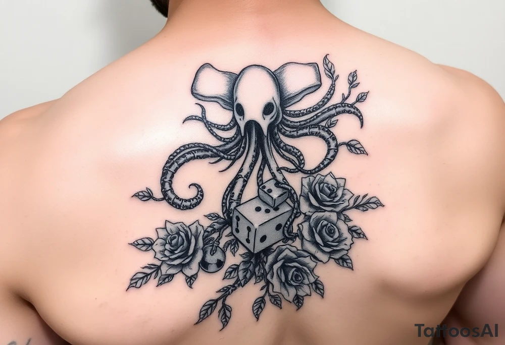 knight and squid combined with tree roots and roses rolling dice tattoo idea