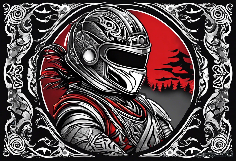 Arm sleeve, black, gray, silver, red, tribal, include elements of fire, include elements of motorcycles, include elements of  Folkstyle wrestling tattoo idea
