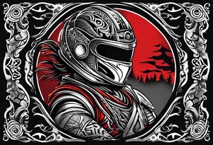 Arm sleeve, black, gray, silver, red, tribal, include elements of fire, include elements of motorcycles, include elements of  Folkstyle wrestling tattoo idea