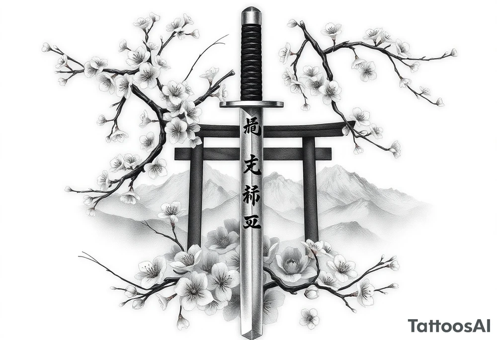 This is a black and gray realism tattoo rooted in discipline, duality, and intention. The centerpiece is a vertical katana, modeled after your original ink, clean and upright like a spine—symbolizing focus, precision, and grounded energy. It’s wrapped in the flowing limbs of a sakura tree, not as an accessory, but as an extension of the blade itself—representing beauty that blooms in adversity. Cherry blossoms aren’t scattered for aesthetics—they move with the wind, some drifting in the foreground, others clinging to the sword like it’s their protector. Behind it all sits a misty torii gate and layered mountains, giving the piece weight, history, and spiritual context. The kanji 平和の剣 (“Sword of Peace”) rides the piece vertically, not slapped on but earned—a message that resonates from the blade outward. The shading is deep and unifying, giving everything one breath, one tone, one story. Nothing floats, nothing competes. The sword doesn’t dominate the art—it becomes the axis around which peace, nature, and power orbit. tattoo idea