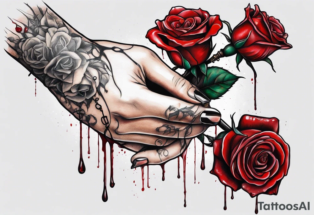 Feminine hand holding a rose with blood dripping down the hand from the thorns with 3 hanging rosary beads. tattoo idea