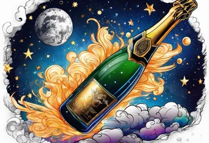 A champagne bottle exploding in space, above the world tattoo idea