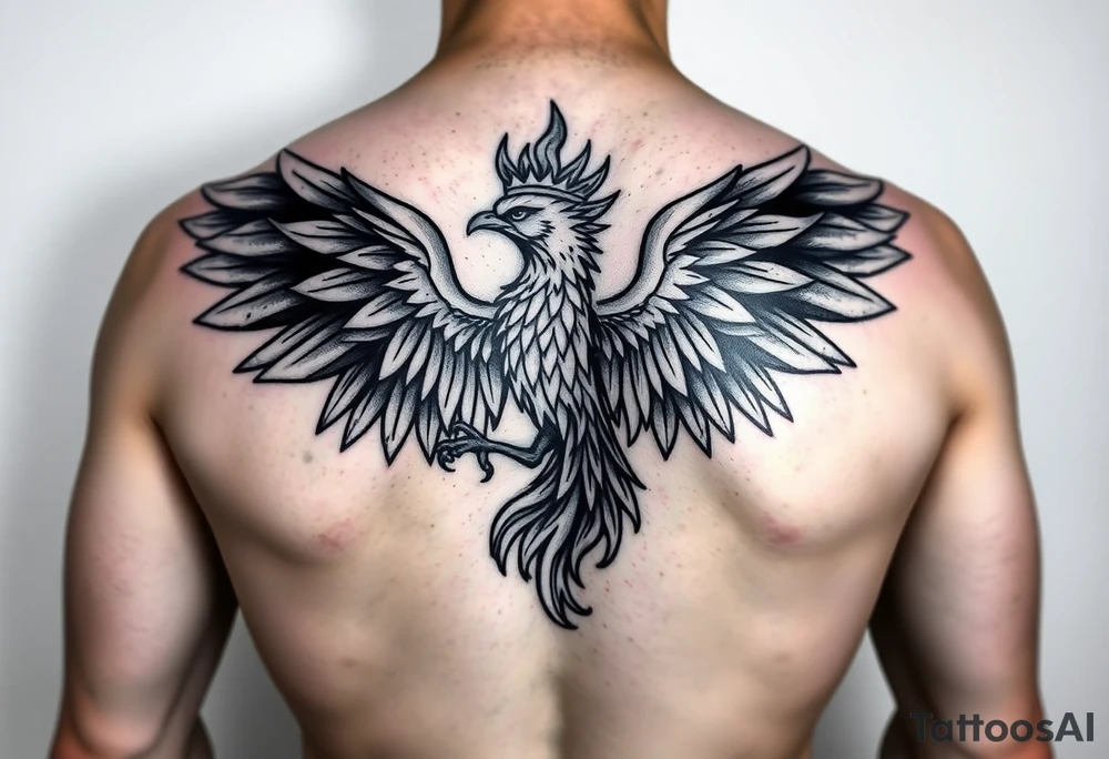 powerful majestic phoenix with crown of fire, with large wings tattoo idea