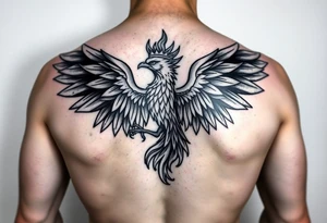 powerful majestic phoenix with crown of fire, with large wings tattoo idea