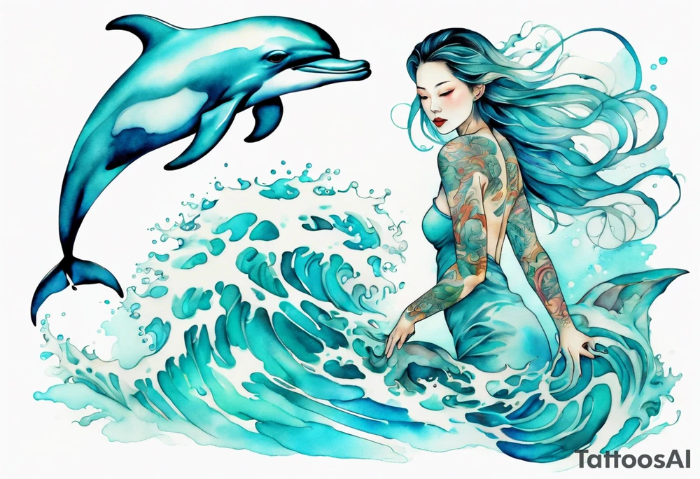 a turquoise woman dolphin hybrid emerging from the sea tattoo idea