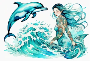 a turquoise woman dolphin hybrid emerging from the sea tattoo idea