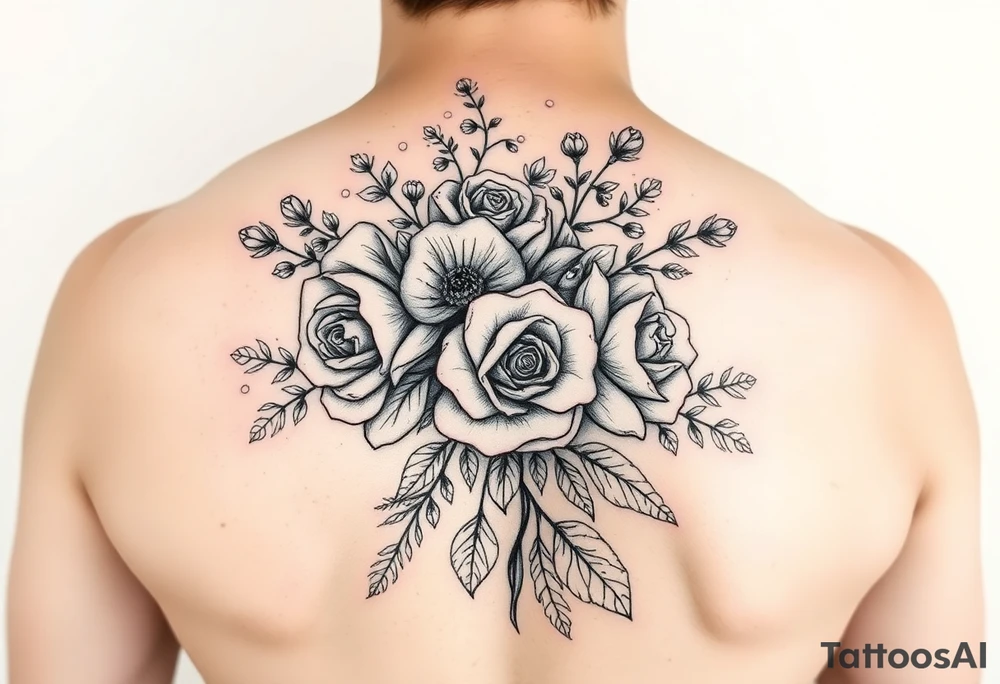 vintage bouquet of wild roses and meadow flowers with morning dew tattoo idea