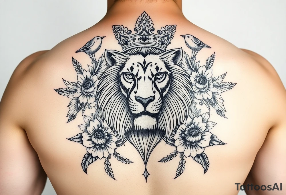 powerful majestic lion with a crown, surrounded by floral ornaments and birds tattoo idea