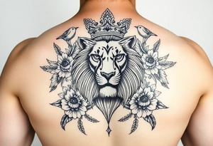powerful majestic lion with a crown, surrounded by floral ornaments and birds tattoo idea