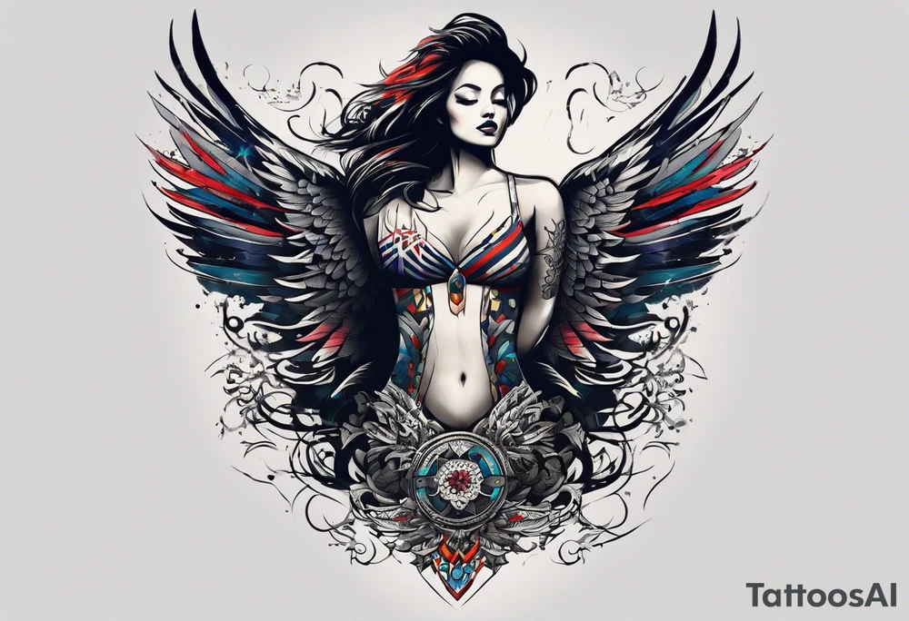 Wide tattoo that appears to be bursting out of the skin, symbolizing freedom. The tattoo should be vibrant and dynamic, with bold lines and colors that evoke a sense of liberation and empowerment. Consider incorporating elements such as broken chains, or other symbols of freedom. The tattoo should be visually striking and thought-provoking, inviting the viewer to reflect on the importance of personal freedom. tattoo idea