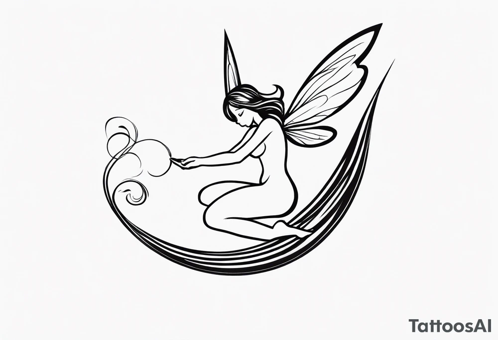 Minimalistic, monochromatic fairy with a tail flying to the left in a fetal position, leaning and looking in the same direction, with visible hands, embodying the 'Fairy Tail' logo aesthetic. tattoo idea