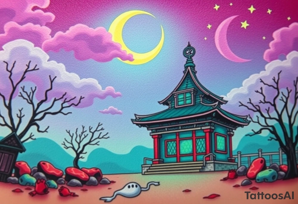 Tim Burton’s haunted pastel Tokyo shrine is abandoned except for one lone samurai ghost and dripping with muted reds, dusty pinks, and eerie green glow.purple and cyan smokey clouds swirl in the crescent moonlit sky thats sprinkled with stars tattoo idea tattoo idea