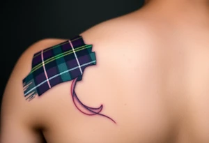 Dark Purple with green pink blue and white highlights tartan fabric on bicep with skin tearing away to reveal tartan underneath tattoo idea