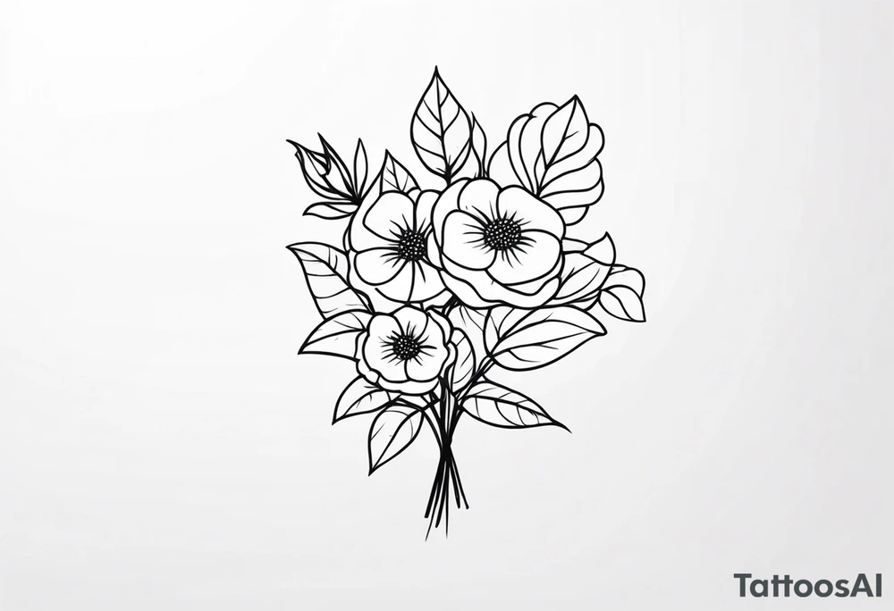 “Illustrate a small, elegant tattoo of a flower bouquet with clean lines and minimal shading, perfect for a feminine touch.” tattoo idea
