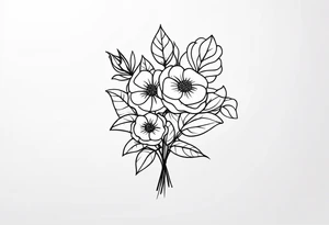 “Illustrate a small, elegant tattoo of a flower bouquet with clean lines and minimal shading, perfect for a feminine touch.” tattoo idea