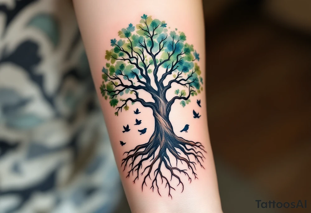Watercolor Family Tree with Roots and Birds – A wide oak tree with sprawling roots, soft watercolor shades of green, brown, and blue, and small birds flying from the branches, each representing a family member. tattoo idea