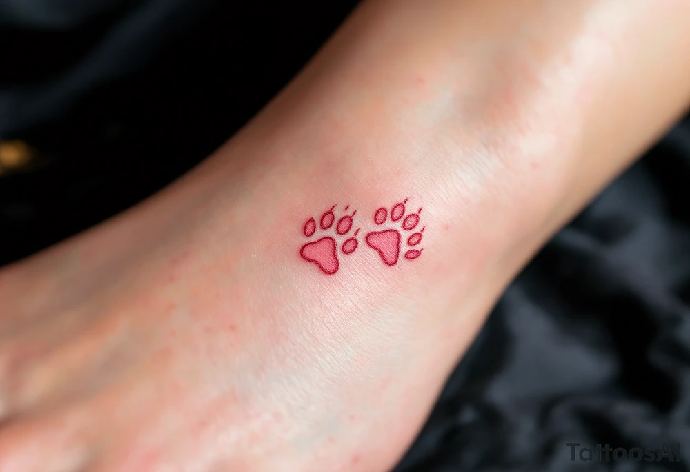 Two delicate paw outlined in pink, placed near the heart or wrist, elegant and minimal. tattoo idea