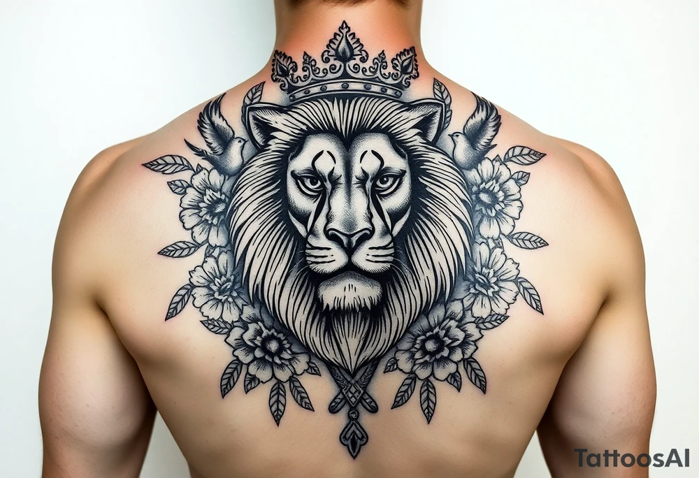 powerful majestic lion with a crown, surrounded by floral ornaments and birds tattoo idea