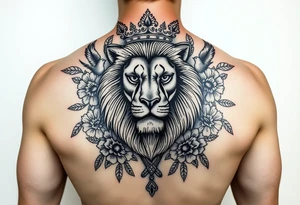 powerful majestic lion with a crown, surrounded by floral ornaments and birds tattoo idea